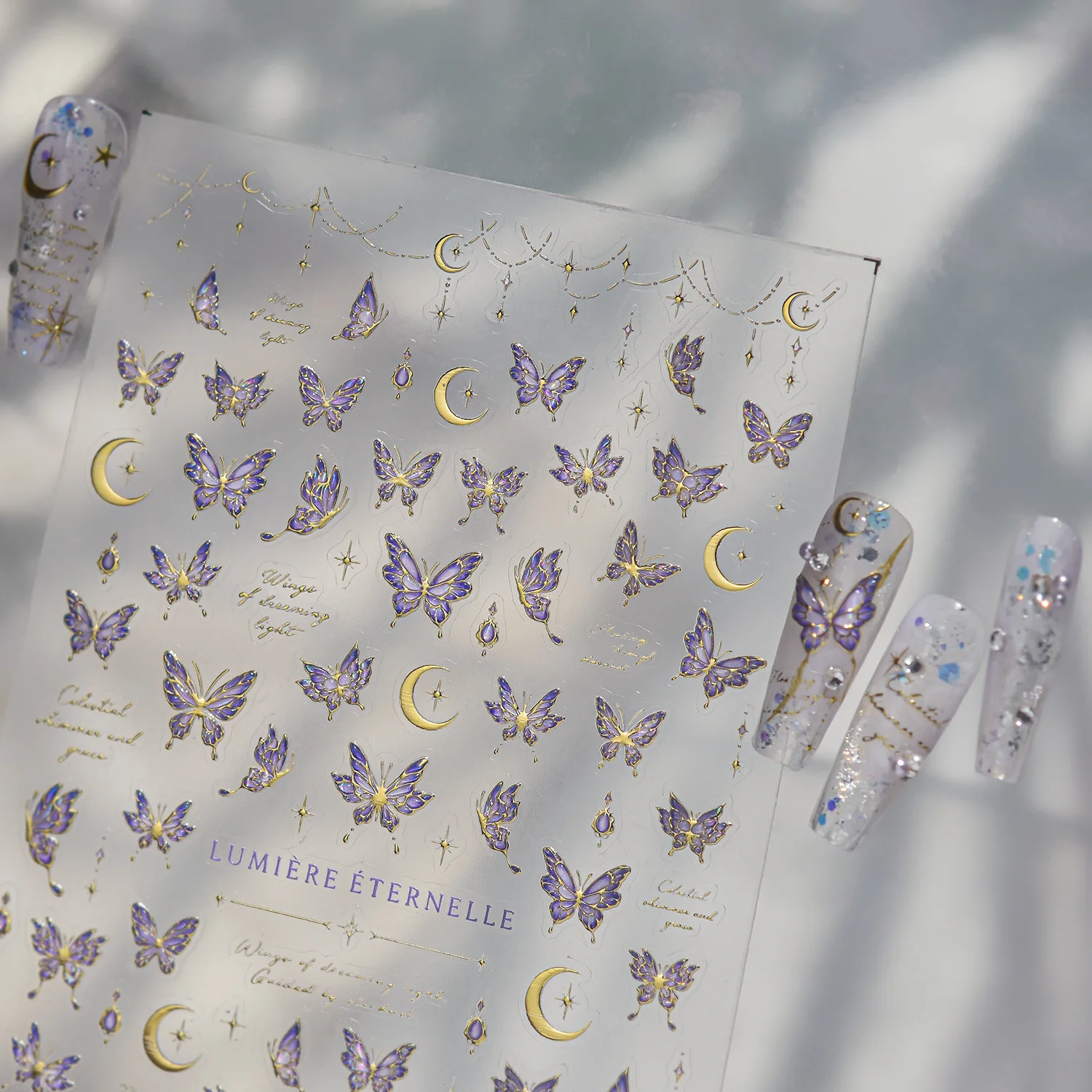 Holographische Mond-Stern-Schmetterling Laser-Glanz Nagelaufkleber 5D Rosa Lila Halbmond Stern Quasten-Kette Nagelkunst-Sticker Zubehör