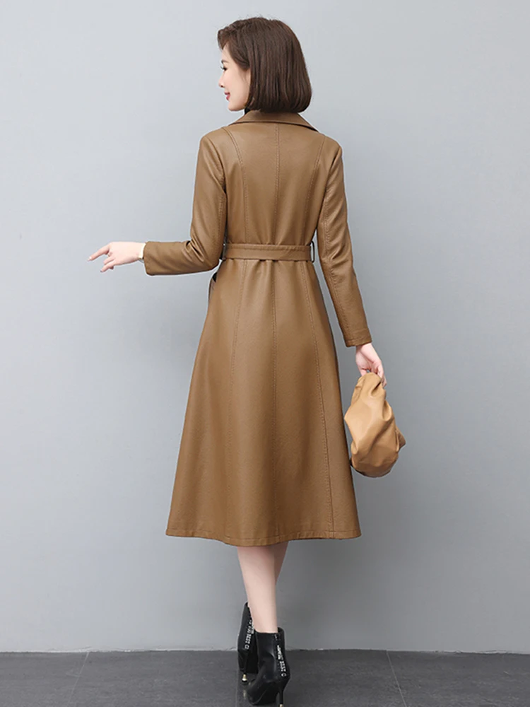 New Women Leather Trench Coat Spring Autumn Fashion Elegant Suit Collar Slim Long Sheepskin Outerwear Split Leather Tops Coat