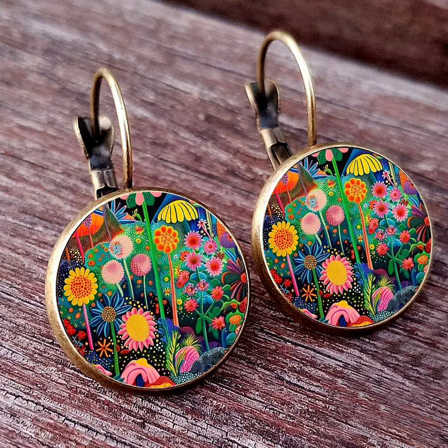 Colorful Wave Dot Flower Earrings Abstract Plant Flower Art Glass Cabochon Women\'s Earrings Beautiful Earrings Jewelry Gift