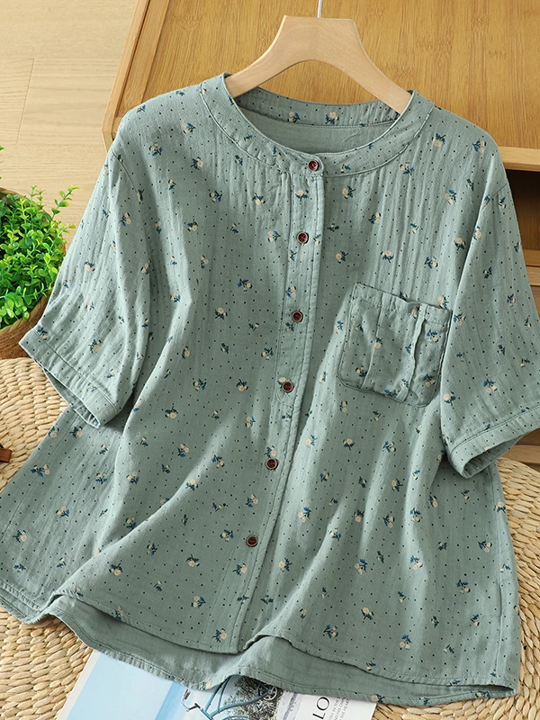 

Comfortable Cotton Floral Print Short Sleeve Shirt Women's Summer Casual Style Breathable Loose Fit round Neck Button up Top