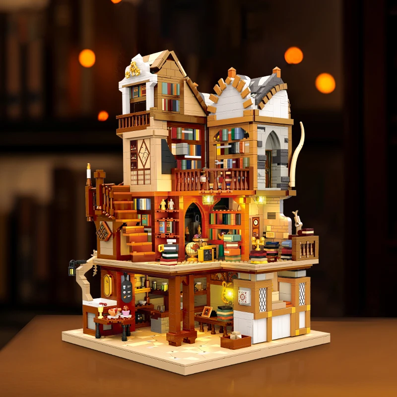 European Library Architecture City Study Bedroom Building Blocks Atmosphere Lights Creative Streetscape Big Model Bricks Toys