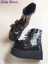 Pointed Rivet Ankle Boots Skull Round Toe Belt Buckle Platform Boots Side Zipper 2025 Women Punk Shoes Increase Height 12cm