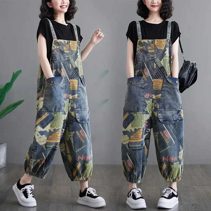 Female Korean Fashion Harlan Nine Division Jumpsuit Women's Summer Loose And Retro Denim Strap Pants Printed Large Pockets 2025