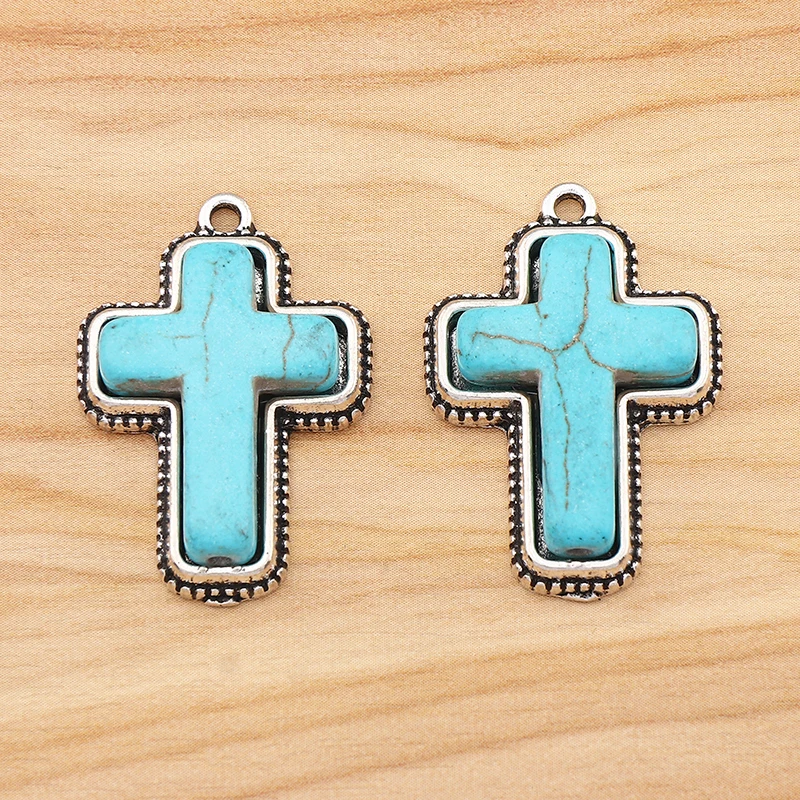 5 Pieces Tibetan Silver Turquoise Cross Crosses Crucifix Charms Pendants Beads for Necklace Jewelry Making Findings Accessories