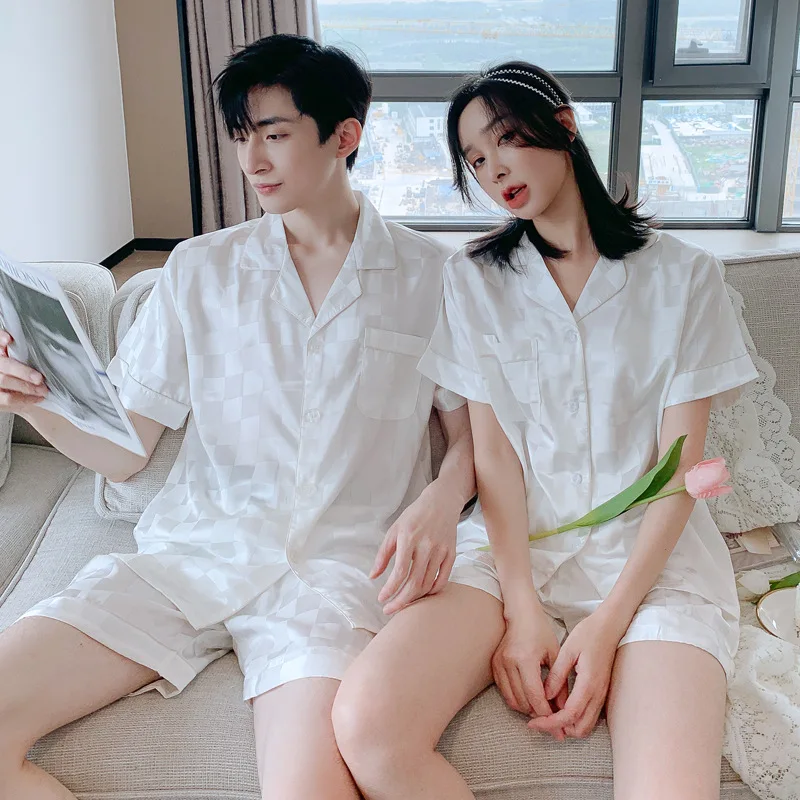 New Spring Autumn Couple Pajamas Women Summer Ice Silk Shorts Sleepwear Suit Men Home Wear Clothing Satin Loose Night Cloth Teen