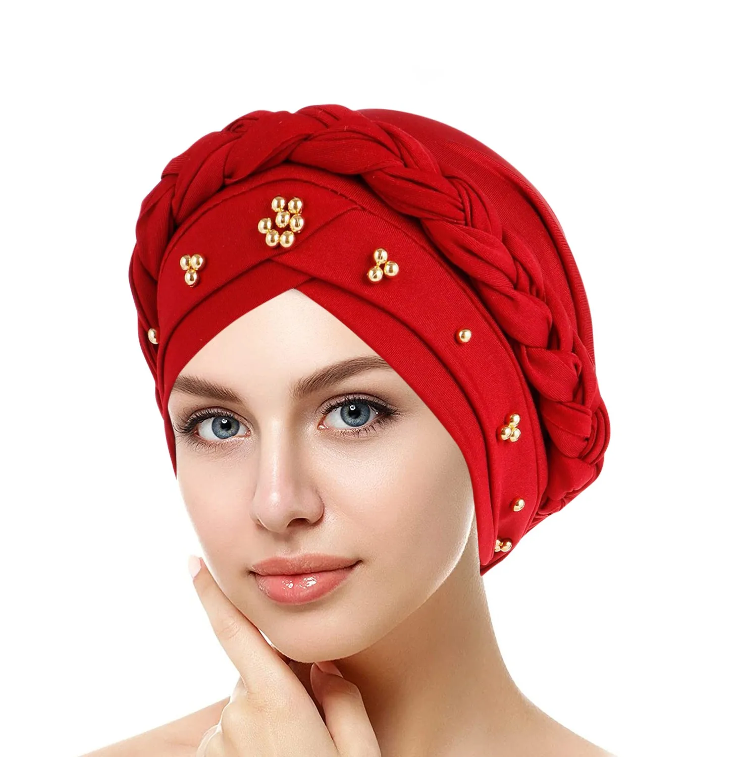 Women Lady Beads Muslim Braid Head Turban Wrap Cover Cancer Chemo Islamic Arab Cap Hat Hair Loss Bonnet Beanies Fashion