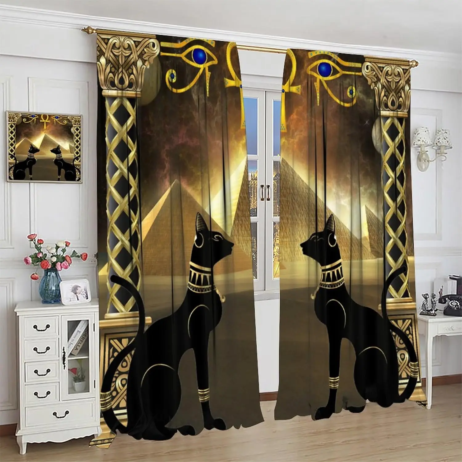 Egyptian Curtains，Ancient Egypt Civilization Vintage Mysterious Horus Eye Black Cat Pattern 2 Panel Rod Pocket Window Drapes for