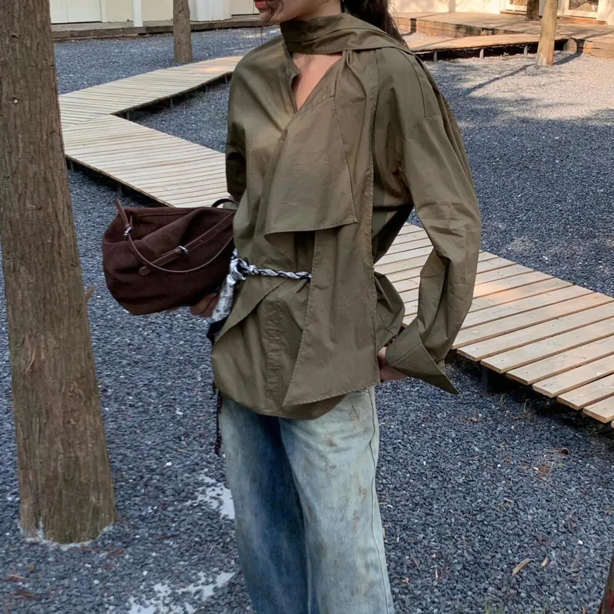 BJTZ Lose Fit Reine Farbe Rüschen Kragen Hemd Für Frauen 2025, Frühling Herbst Neue Vielseitige Vintage Casual Weibliche Bluse Top