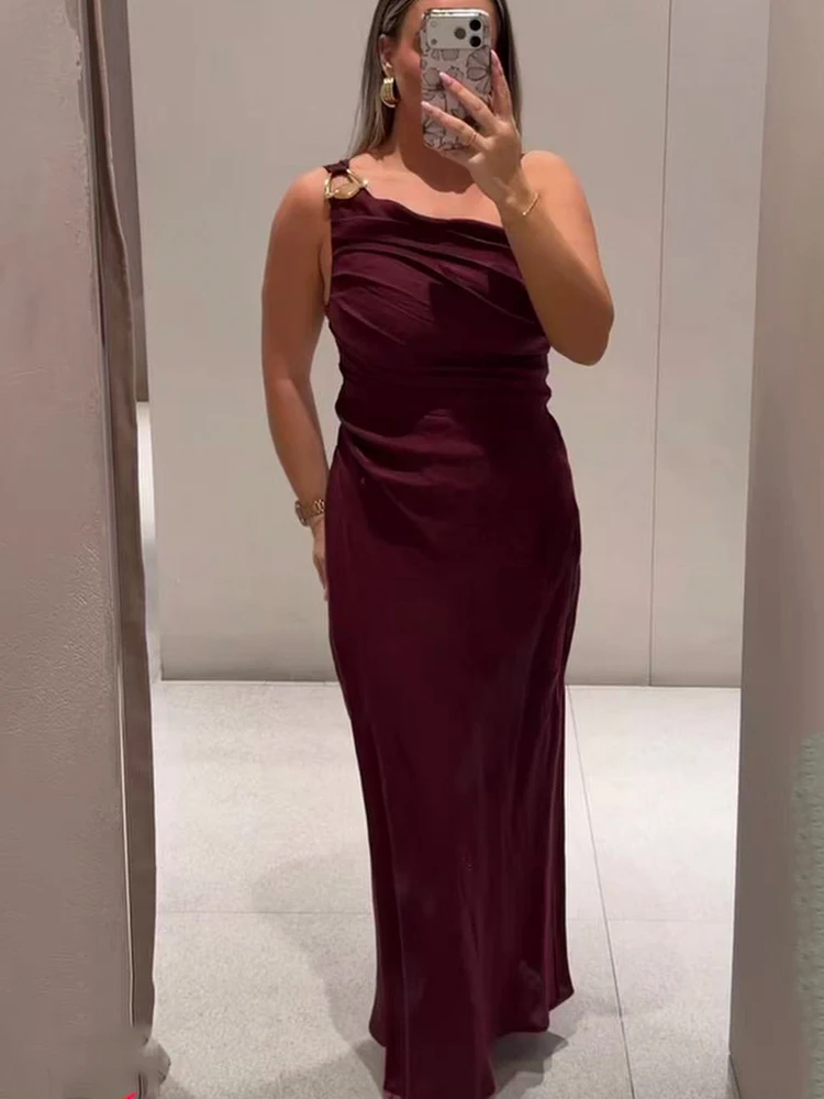 

Elegant Women Party Long Dresses Chic Asymmetrical Sling Dress Solid Color Slim Folds Gown Summer 2026 New Female Sexy Vestidos