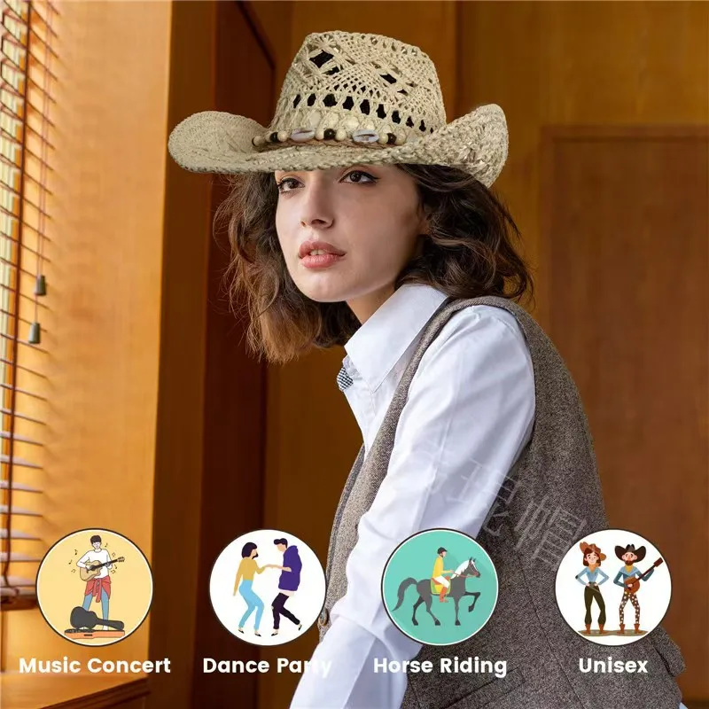 قبعة شمس مصنوعة يدويًا، قبعة واقية من الشمس مجوفة، قبعة بحواف واسعة مع شريط خرز، قبعة من القش للتصوير الفوتوغرافي