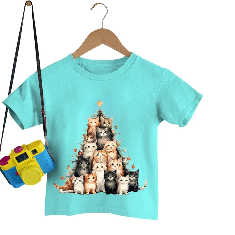 Christmas Cat Tree Print Children T-Shirt Kawaii Animal Kids Cartoon Tshirt Xmas Short Sleeve Clothes Girl Boy Tee Shirts Tops