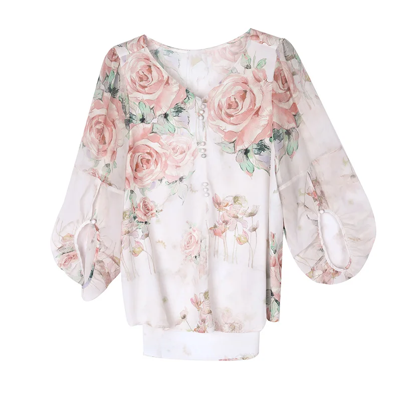 Sweet Floral Printed Shirt 2025 Summer New V-neck Chiffon Blouse Lantern Sleeve Casual Women Tops