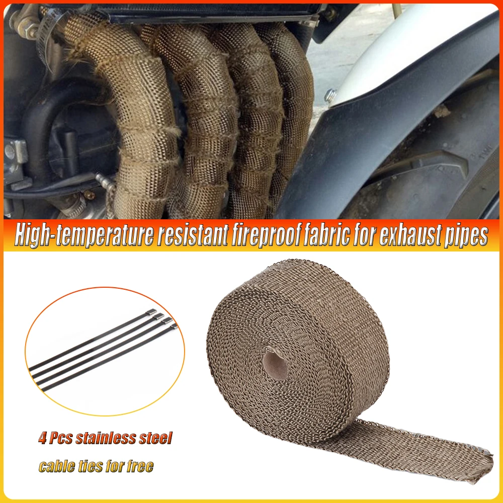 

10 м мотоциклетная термолента для выхлопных газов, тепловая пленка, изоляция коллектора, устойчивая к рулону с завязками из нержавеющей стали, детали мотоцикла