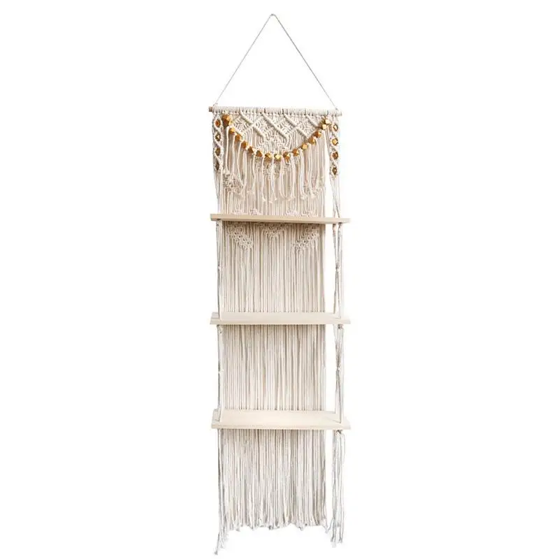 

Boho Wall Shelf For Bedroom 3 Tire Macrame Rustic Wood Wall Shelves With Handmade Woven Hanger Chic Tassels Pendant