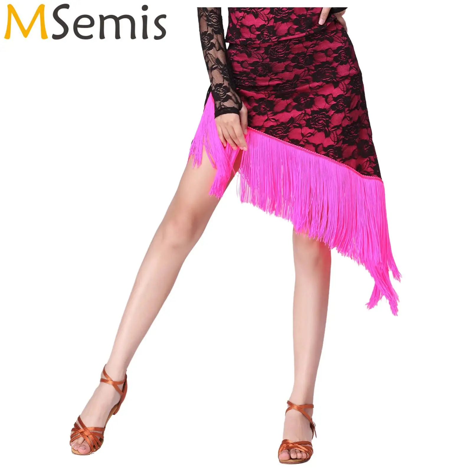 

Womens Latin Tango Dance Skirt Floral Lace Tassel Trim Side Drawstring Irregular Skirt Ballroom Dance Performance Costume