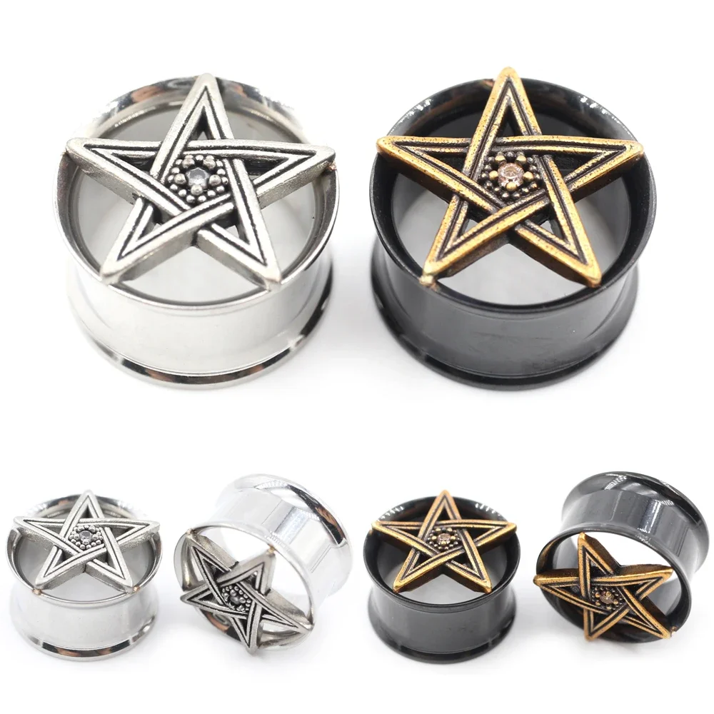 Alisouy 1PC Stainless Steel Hollow Star Zircon Flared Ear Tunnels Plugs Expanders Stretcher Gauges Earring Piercing Body Jewelry