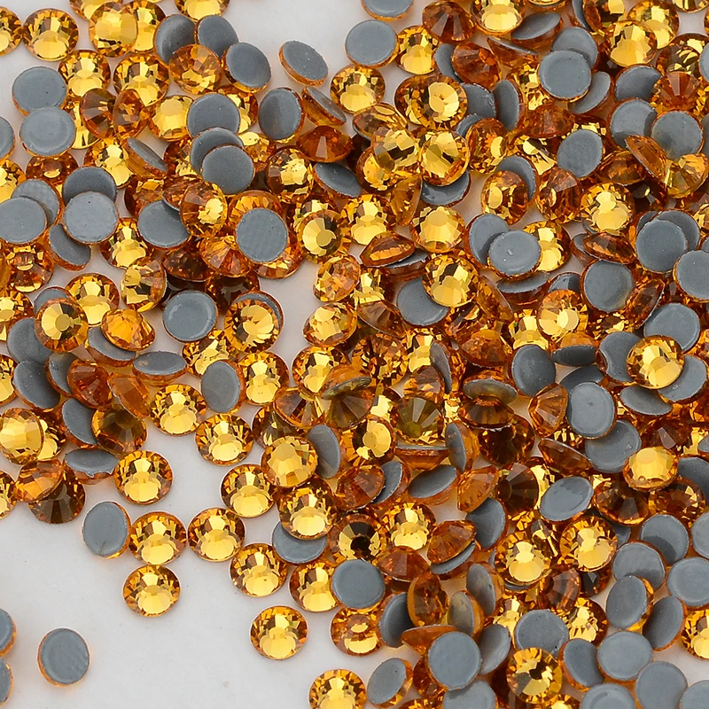 

High Quality SS6-SS30 Hotfix Glass Flatback Rhinestone Glitter Topaz Yellow Gold Round Stones Iron on Rhinestones for Clothes