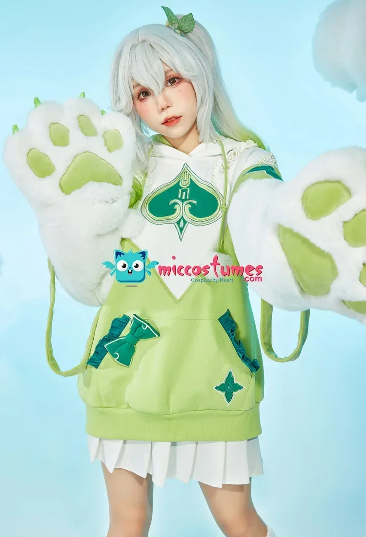 

Miccostumes Women's Light Green Pullover Hoodie with Detachable Bag Design Furry Paw Gloves Kawaii Green Hooded Sweatshirt