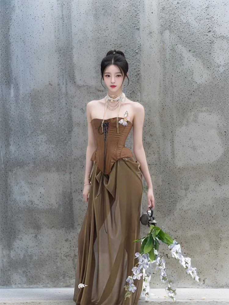 

Elegant Fishbone Strapless Dress Women's Summer 2025 New High Waist Gown Evening Party Ball Gown Long A-Line Skirt