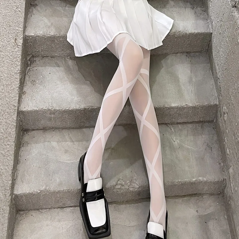 Internet Celebrity Spring and Summer Lace-up Loli Legs White Silk Stockings Sexy Outerwear Pure Desire Cross Black Silk Bottomin