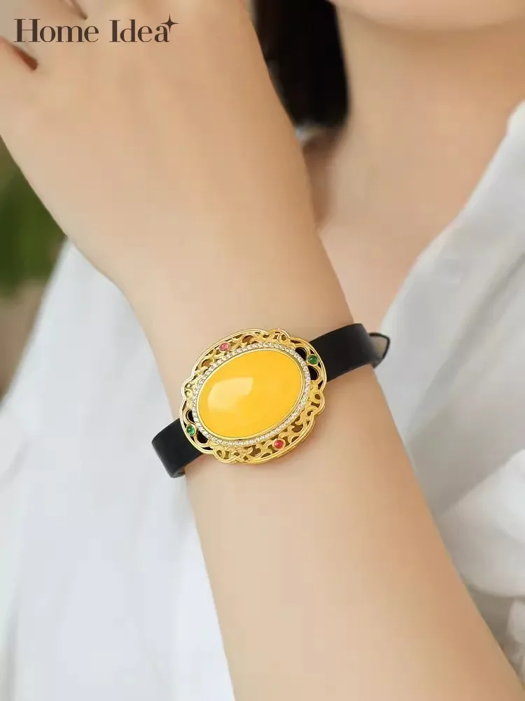 Office Ladies Work Natural Amber Pu Leather Pin Buckle Bracelet Women Vintage S925 Silver Accessory Jewelry Designer Bracelets