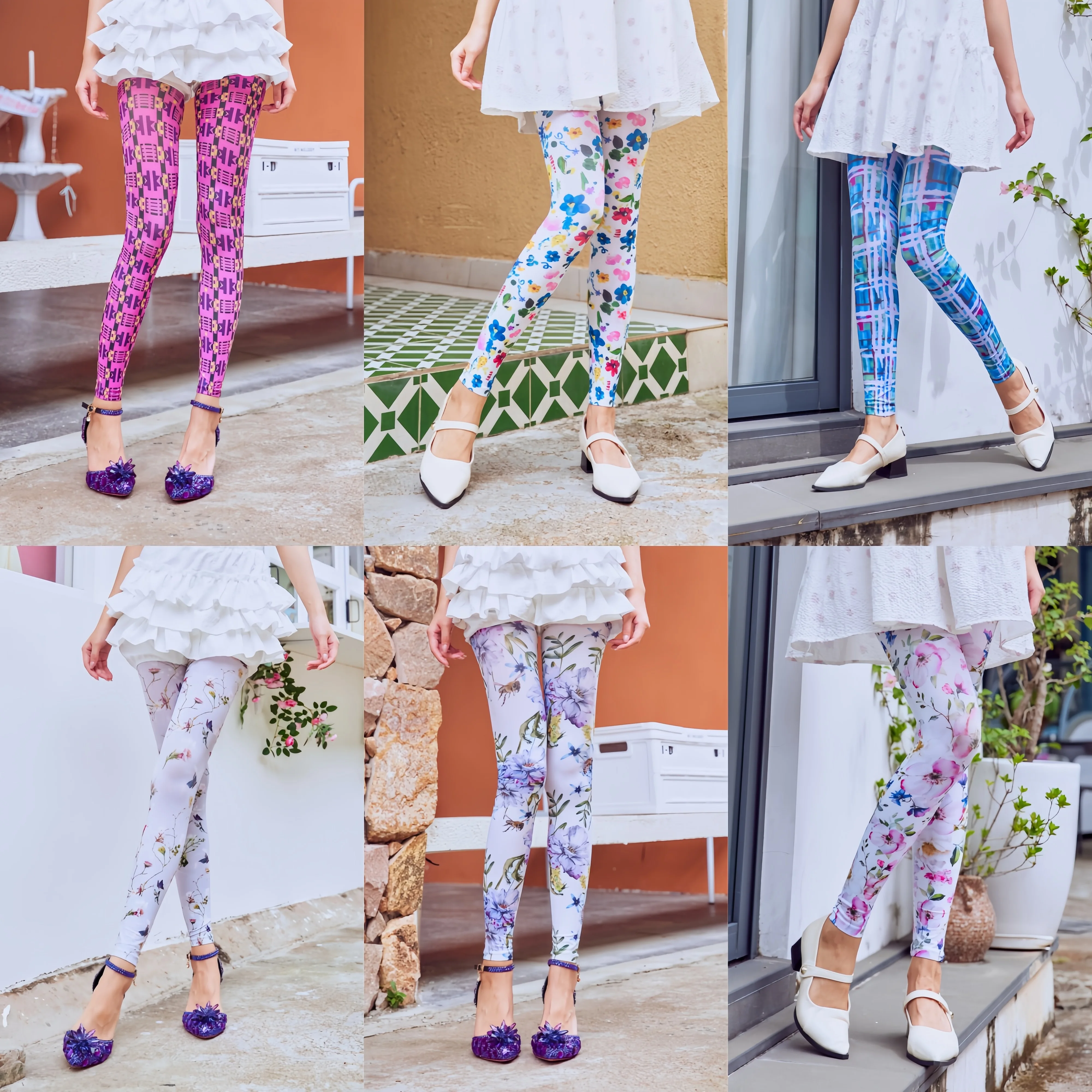 

Sahabowi blue colorful rose flowers nine pants opaque soft digital leggings for women