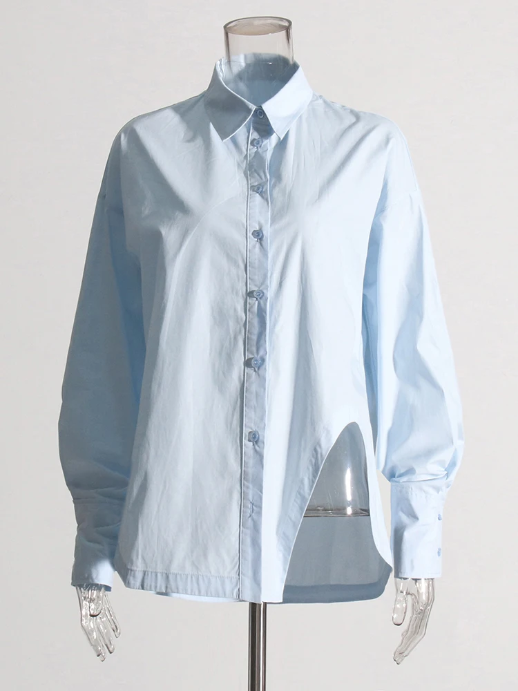 TWOTWINSTYLE Solid Minimalist Casual Loose Shirt For Women Lapel Long Sleeve Patchwork Single Breasted Irregular Shirts Female
