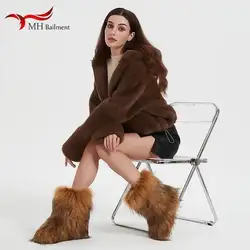 Women's Winter Fluffy Faux Fox Fur Boots Luxury Plush Warm Snow Shoes New Fashion Platforms Bottes Big Size 36-44