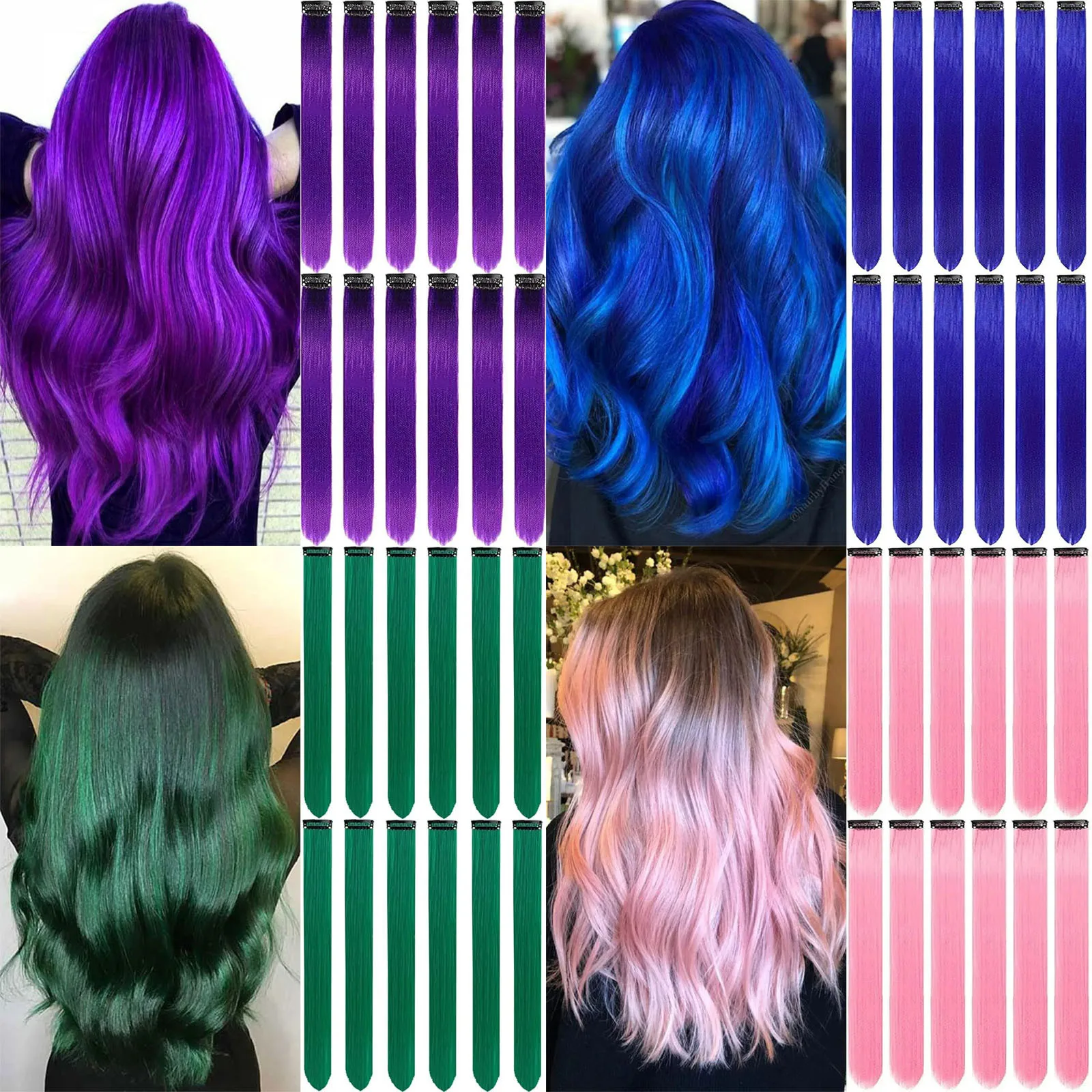 

Заколки для наращивания волос Цветные вечерние блики 22 дюйма 6 шт./упак. Разноцветные прямые волосы Синтетические шиньоны Королевский синий цвет