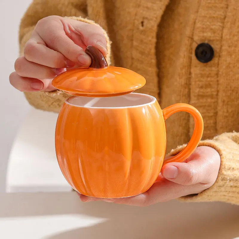 Picture 6: 1/2 PCS Cute Pumpkin Ceramic Mug with Lid, 450ml, Coffee Water Milk Oatmeal Cup, Gift for Christmas Halloween Easter Kids
