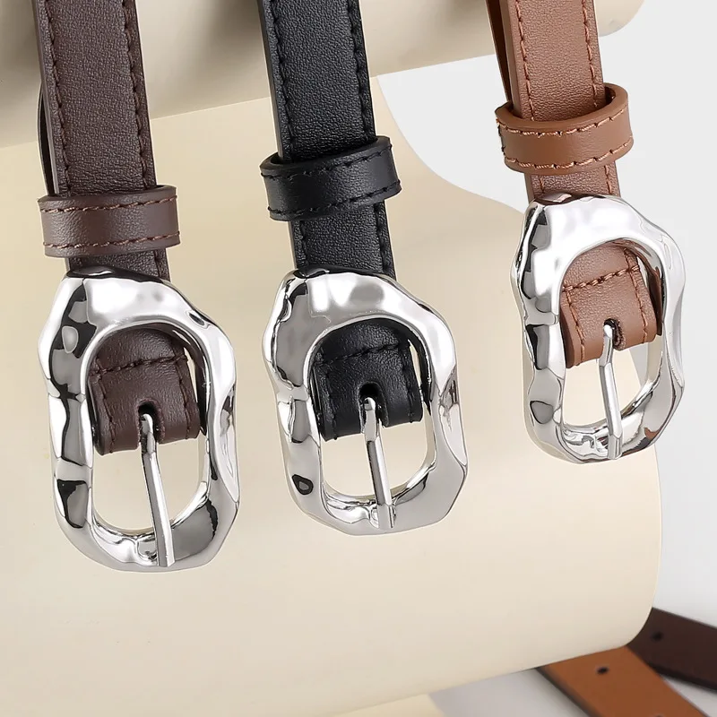 

Luxury Design Irregular Silver Buckle Waist Belts Full Grain Leather Women Jeans Strap All-match Genuine Cow Leather Ceintures