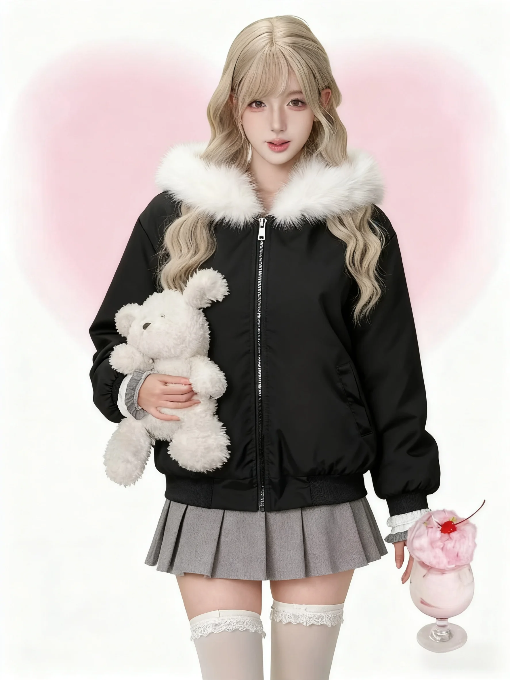 

American Retro Harajuku Faux Fur Collar Hooded Coats Women Y2K Streetwear Harajuku Casual Jacket Subculture Retro Tops 2025 New