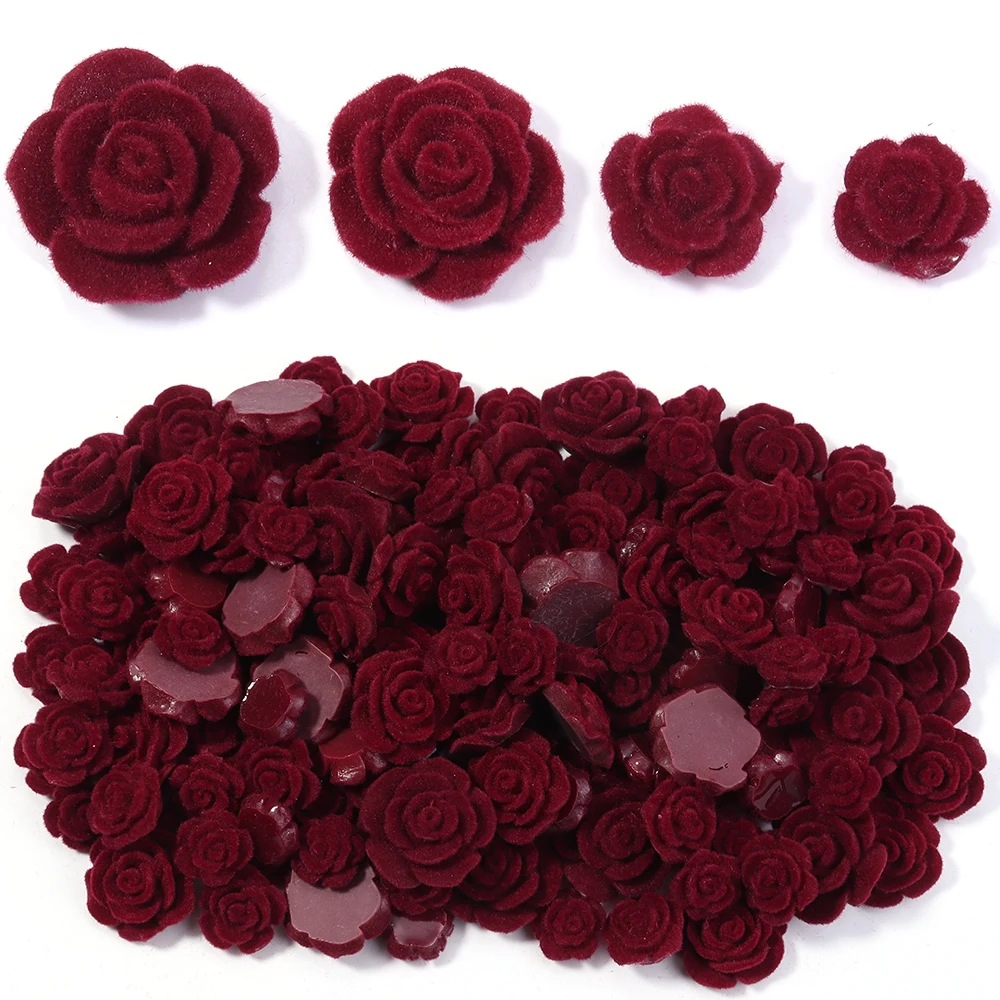 20Pcs Surface Velvet Resin Rose Flower Beads Korea Style Flat Back Red Artificial Rose Beads For DIY Women Hairclips Earrings