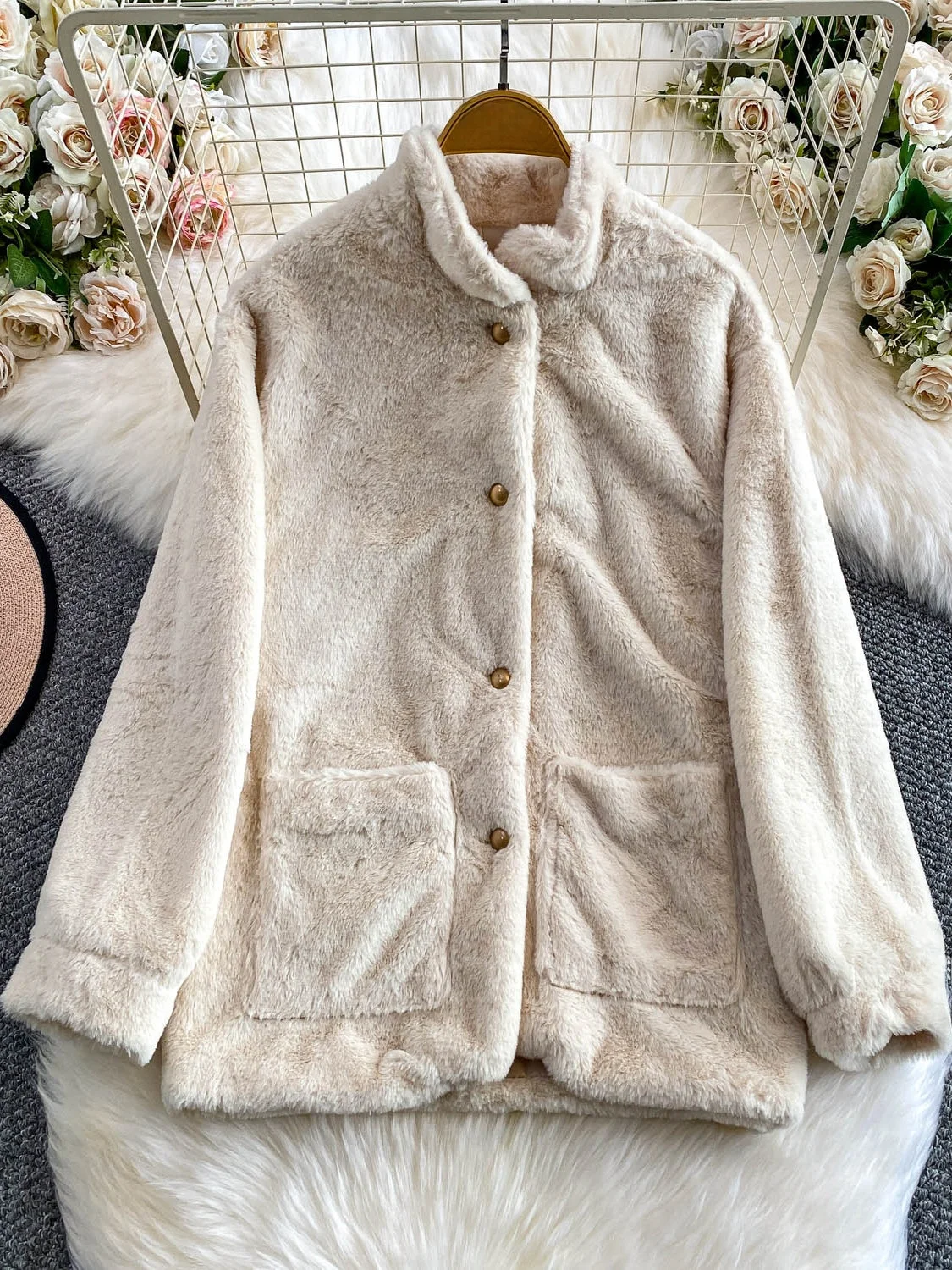 

Ele Thiened, теплая мягкая женская верхняя одежда с воротником-стойкой, свободный утягивающий топ из искусственного меха для осенне-зимней повседневной одежды