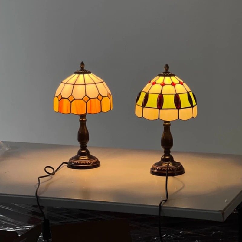 French Table Lamp 8 Inches Stained Glass Bedside Lamp Red Rose Desk Reading Light Bedroom Living Room Home Office