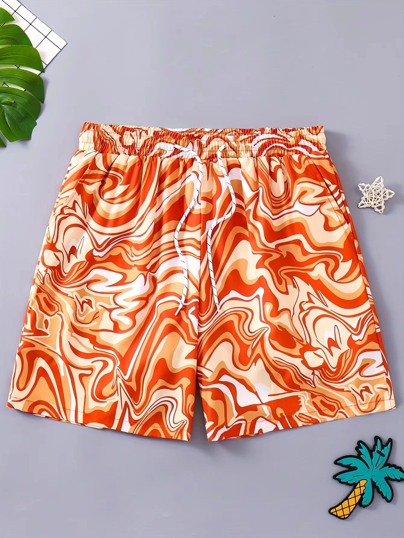 

2026 New Orange Liquid Marble Beach Shorts 3D Print, Quick Dry Swim Trunks for Men Y2K Oversized Cas