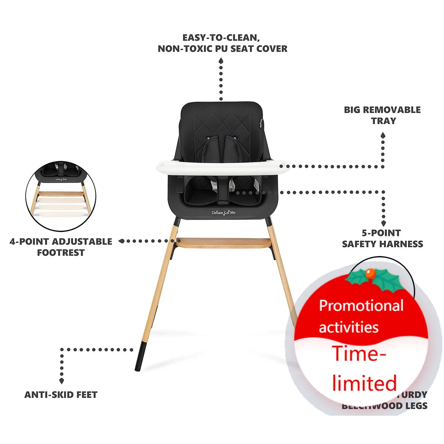 Dream On Me Nibble 2-in-1 Holz-Hochstuhl | Konvertierbarer Baby-Fütterungsstuhl mit abnehmbarem Tablett, verstellbarer Fußstütze, 5-Punkt-Gurt