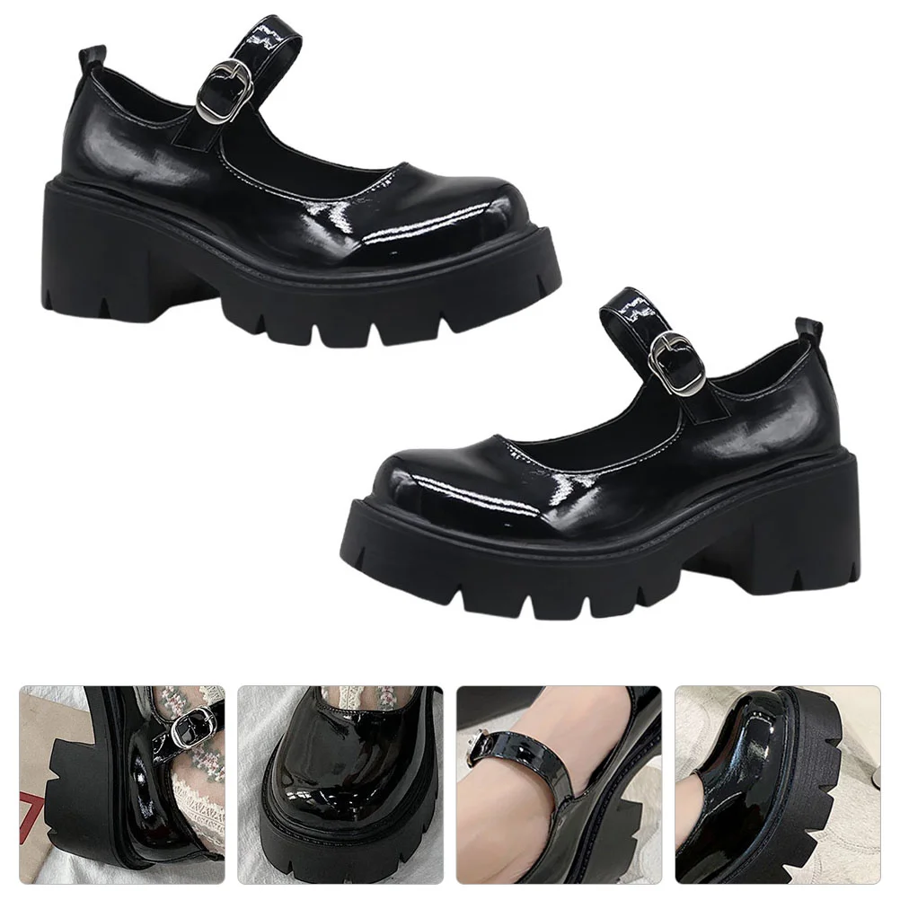 Buckle High Heels Woman Shoes Women Lady Chunky Increased Block for PU Platform Plush Sole: Rubber Casual Stylish Office