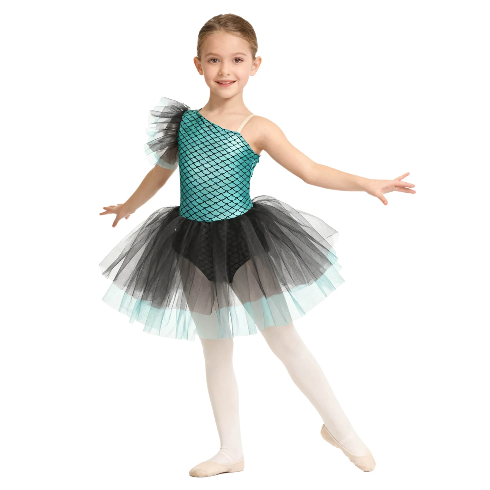 

Girls Ballet Dance Dress Halloween Mermaid Fish Scales Print One Shoulder Sleeveless Tutu Dresses Ballerina Leotard Dancewear