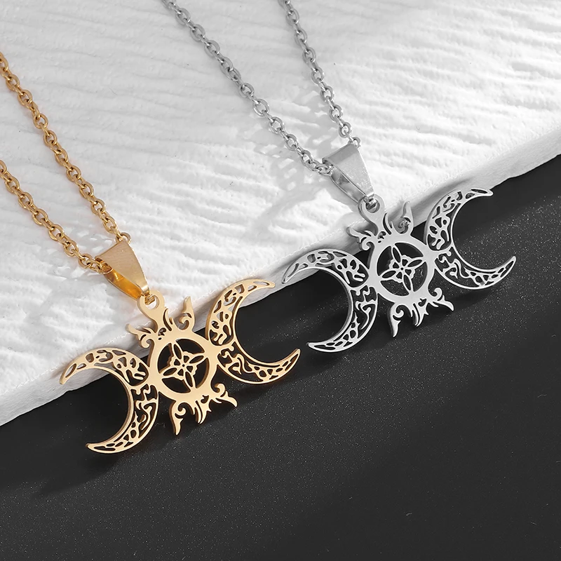 Stainless Steel Sun and Moon Celtic Knot Witchcraft Witch Knot Pendant Necklace Retro Fashion Lucky Trendy Jewelry for Men