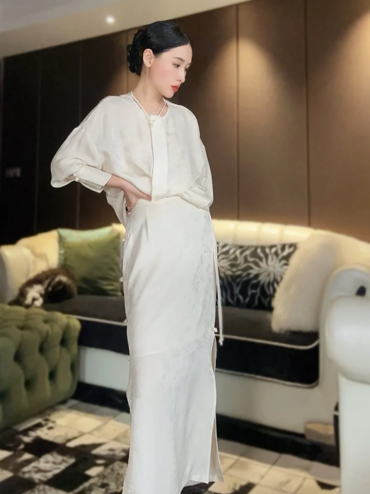 

Новая китайская шелковая юбка с высокой талией, бахромой и боковым разрезом, прямого кроя, средней длины, моделирующая фигуру, Y4252