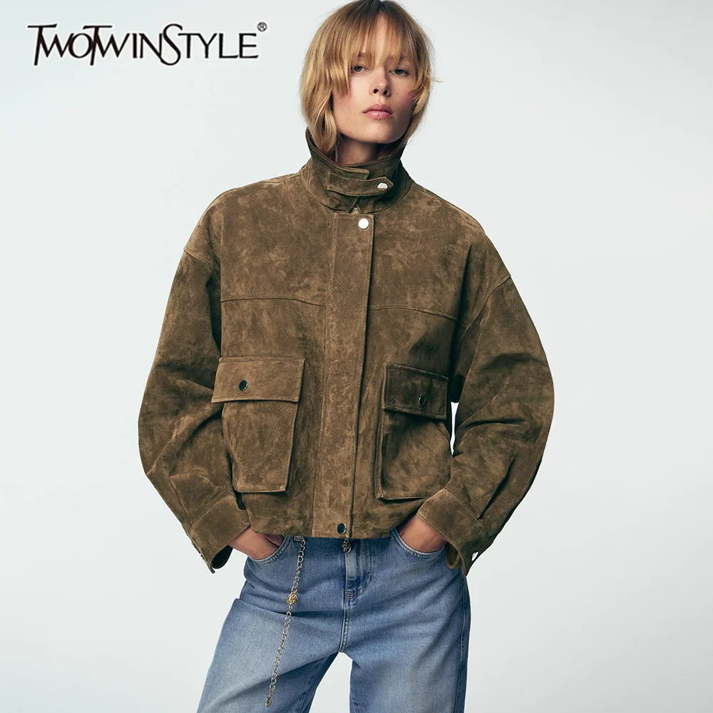 

TWOTWINSTYLE Casual Spliced Zipper Streetwear Jackets for Women Lapel Long Sleeves Patchwork Pockets Fashion Jacket Female New