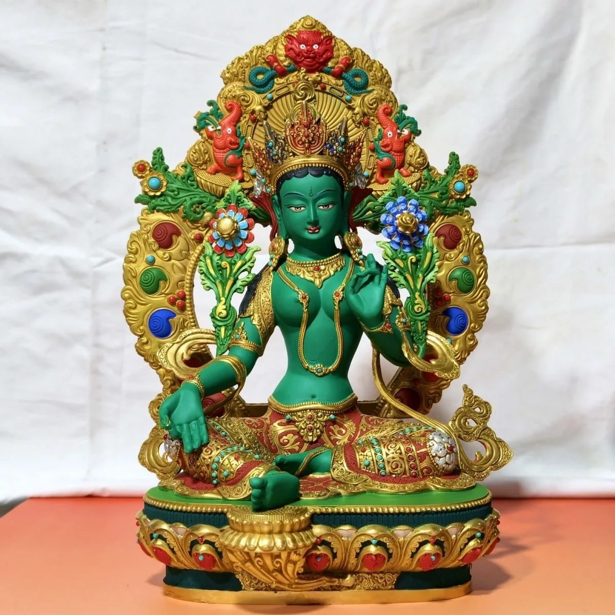 36CM Large Special offer Exquisite copper carving painted Buddha statue Buddha Mother GREEN TARA Buddhist family MONK worship