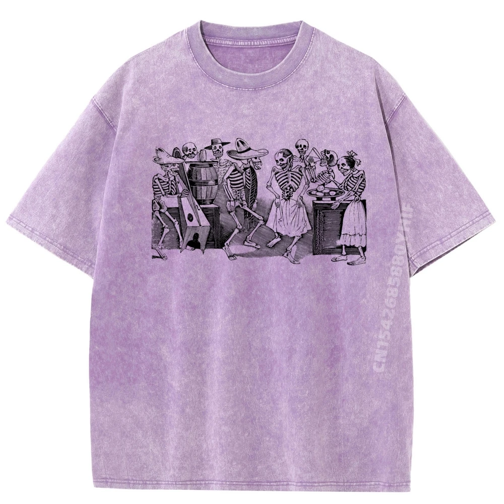 

Dancing Skeletons Graphic Tee Cotton Original Mens T-Shirts Funny Printed Men Comfortable High Quality Men's Washed T-Shirt