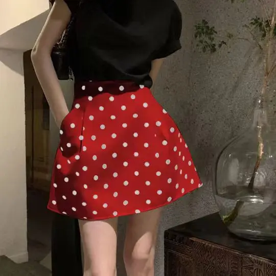 Wedbleser French Style Fluffy Short Skirt White Short Stature High Waist Umbrella Floral Bud Half Body Polka Dot Print Skirts