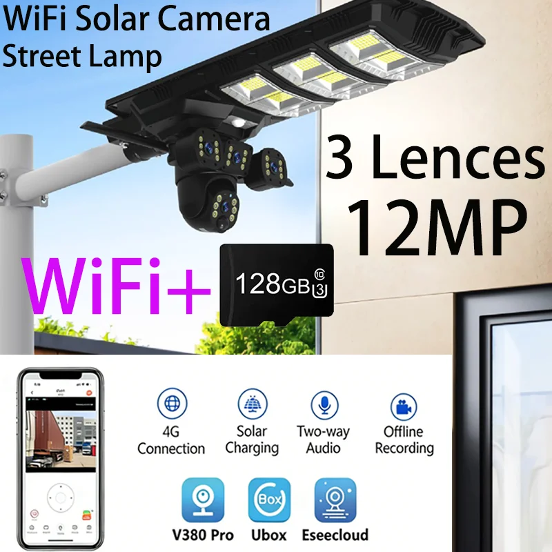 Outdoor 3 Lens WiFi Solar Surveillance Camera Street Lights 40000mAh Battery 3 Light Modes Motion Sensor Remote Control IP Cam