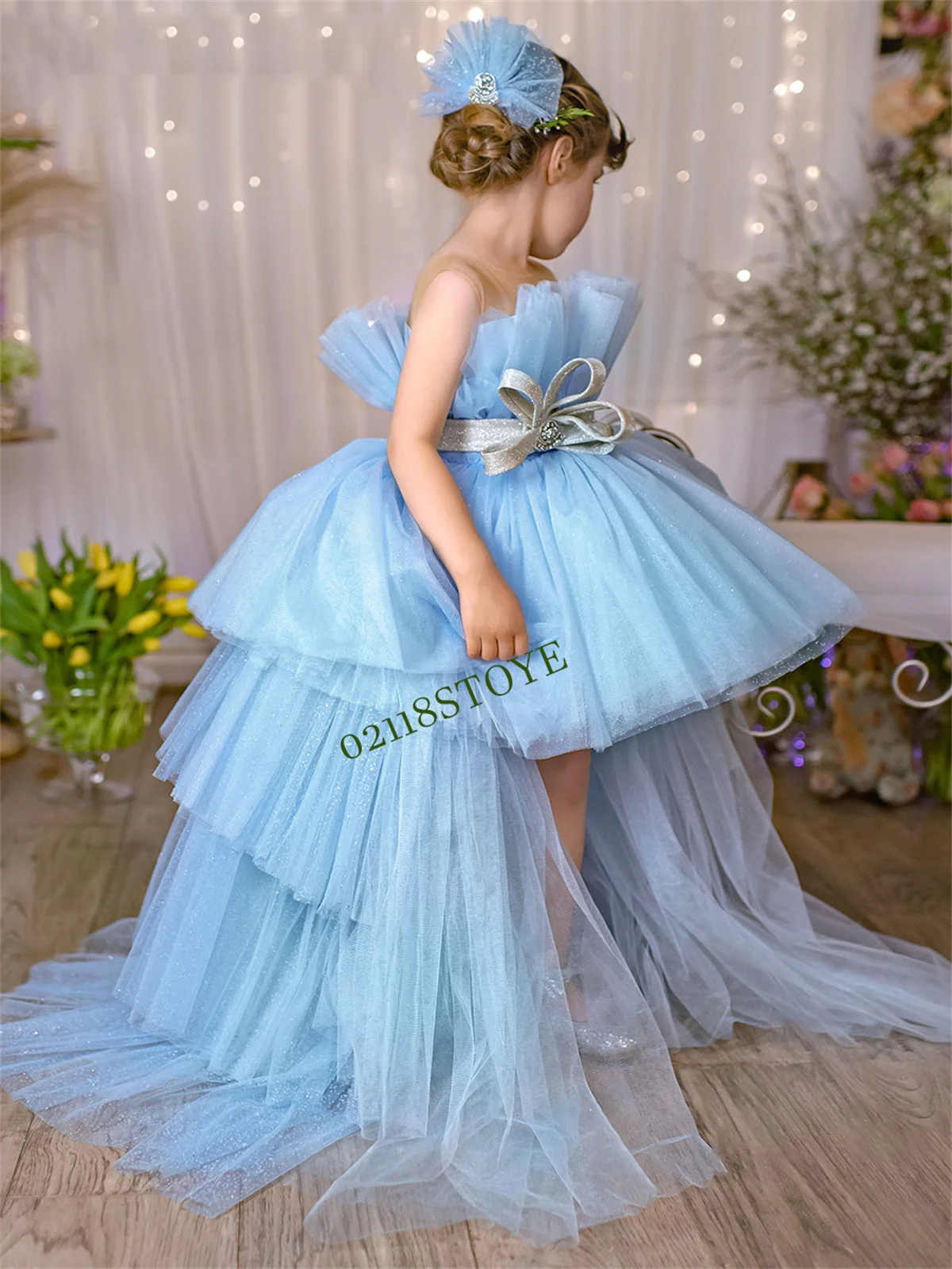 Robe de princesse bouffante en tulle bleu pour filles, jolie robe de bébé fille, robe d'anniversaire, robe de demoiselle d'honneur, robe de soirée de mariage