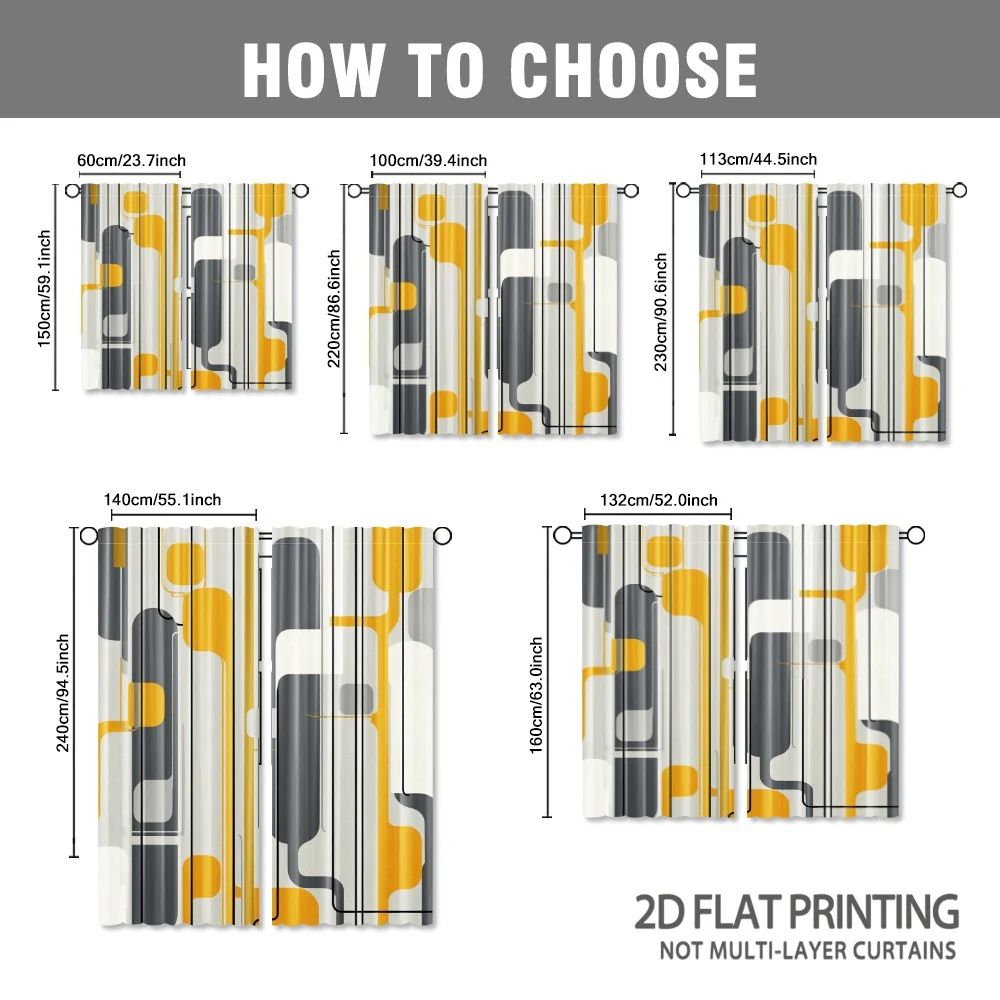 Abstract yellow and gray line design for curtains, with rod-style construction. Suitable for living rooms, bedrooms study rooms