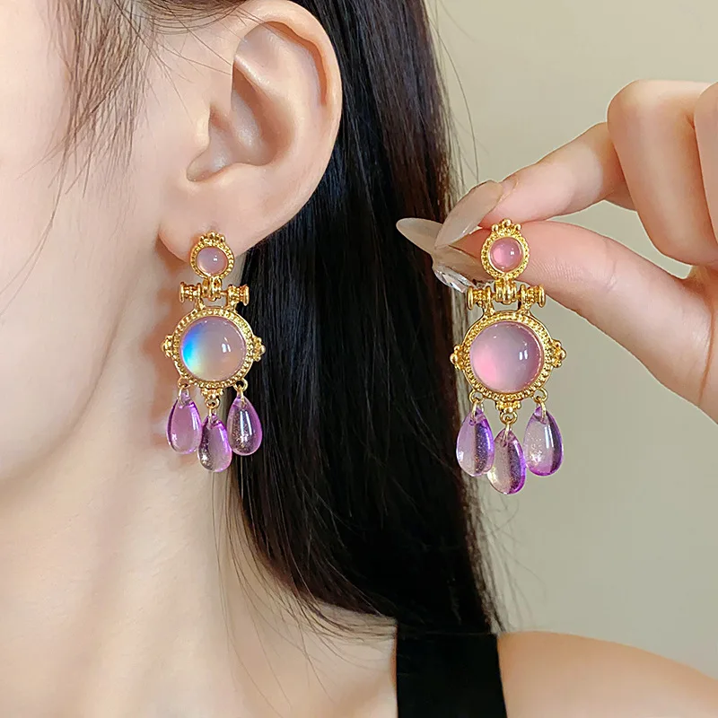 Round teardrop resin earrings palace style retro tassel earrings