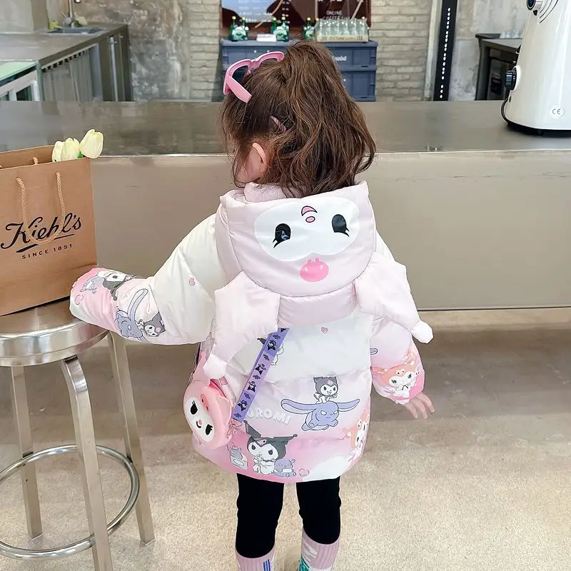 Down Jackets Hot Sanrio Girl Hoodie Kuromi Hello Kitty Kawaii Autumn and Winter Clothing Children Loose Cartoon Gift Fashion